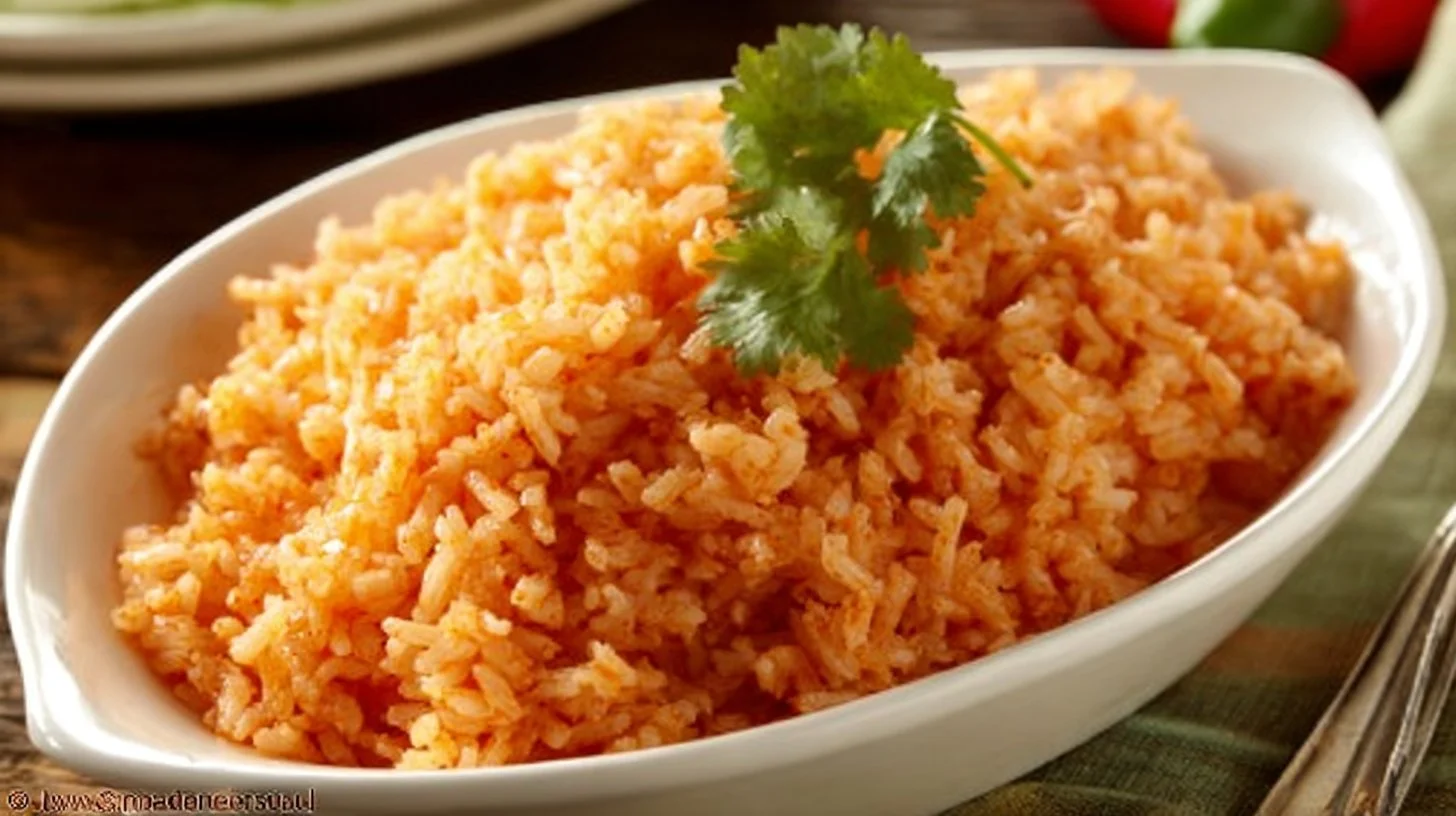 Bowl of Oven Baked Spanish Rice garnished with herbs and vegetables