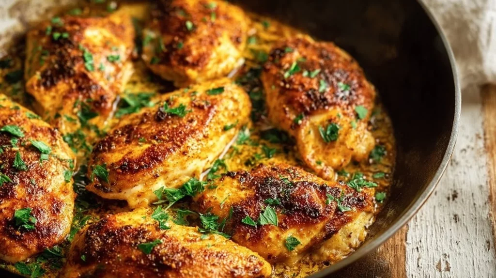 Delicious pan-seared chicken breast plated with herbs.