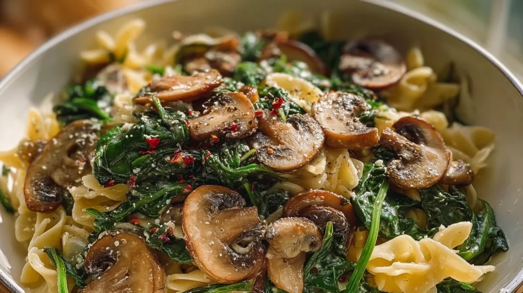 Delicious Parmesan Pasta with spinach and mushrooms in a skillet