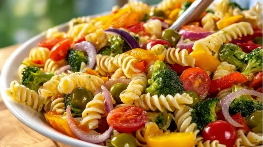 Colorful pasta salad with fresh vegetables and dressing.
