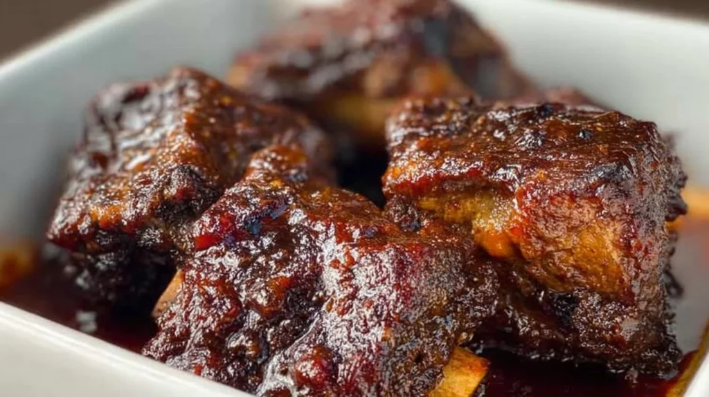 Perfectly tender BBQ beef ribs on a grill ready to serve.