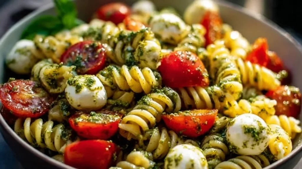 Delicious Pesto Caprese Pasta Salad with fresh tomatoes, mozzarella, and basil