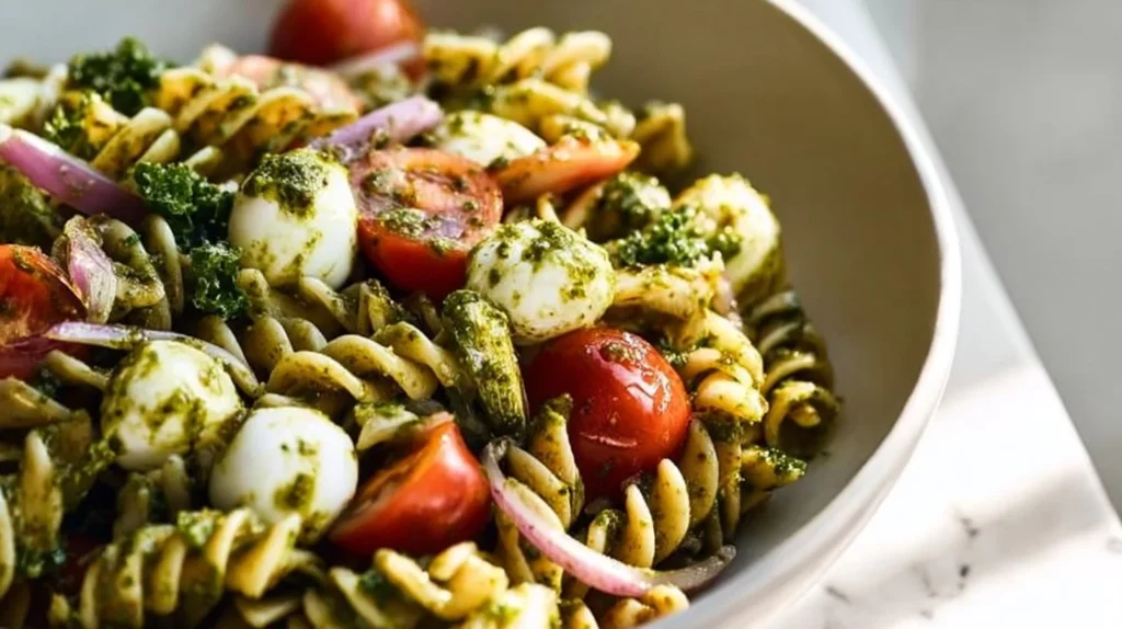 Colorful bowl of pesto pasta salad with fresh vegetables and herbs