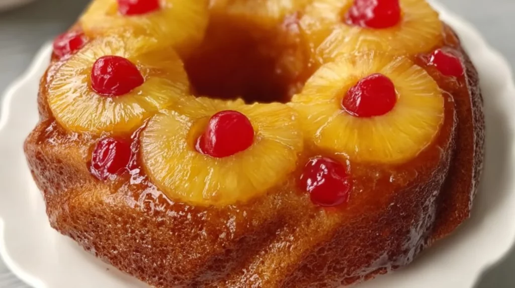 Pineapple Upside Down Bundt Cake decorated with cherries and pineapple slices.