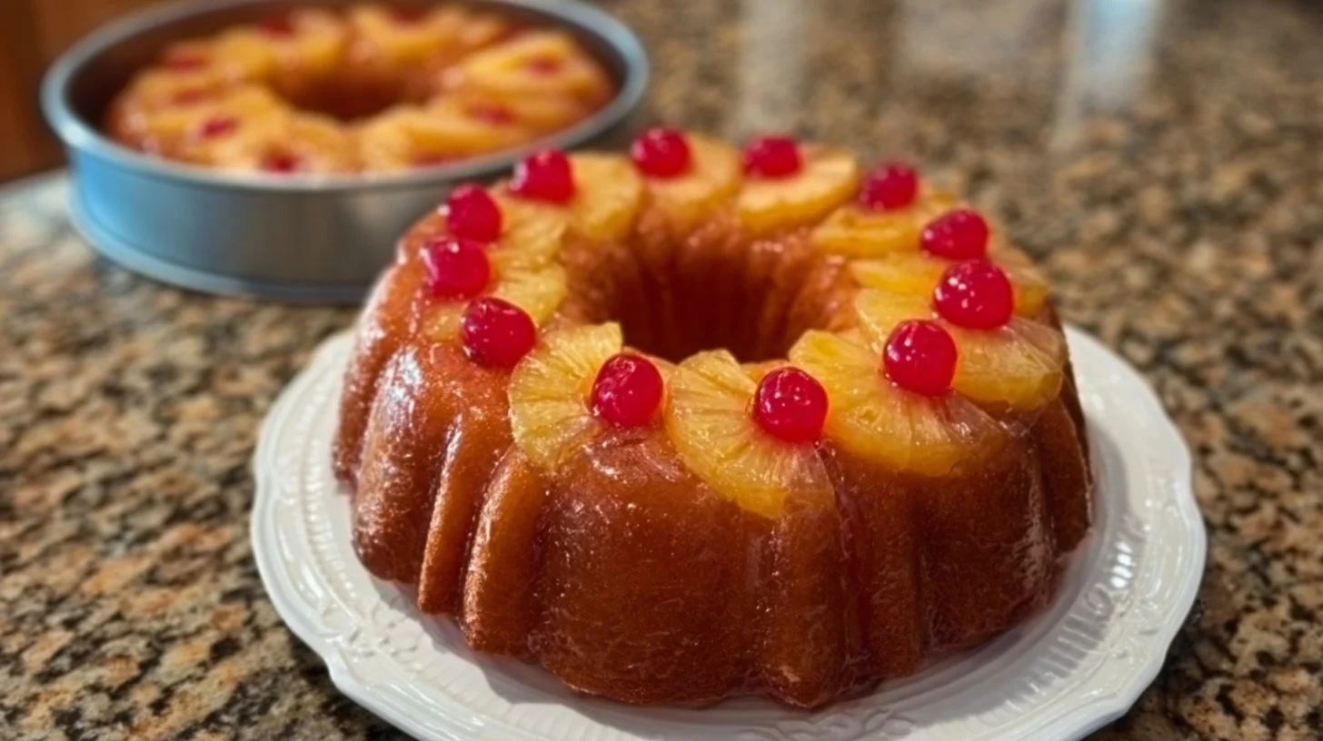 Pineapple Upside Down Bundt Cake with caramelized pineapple and cherries on top.