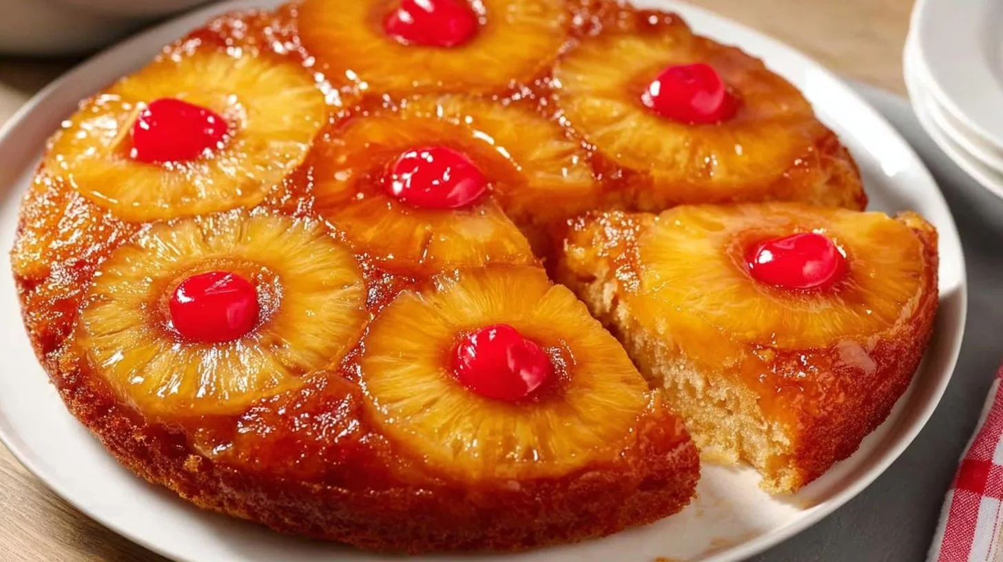 Deliciously baked Pineapple Upside-Down Cake with caramelized fruit topping