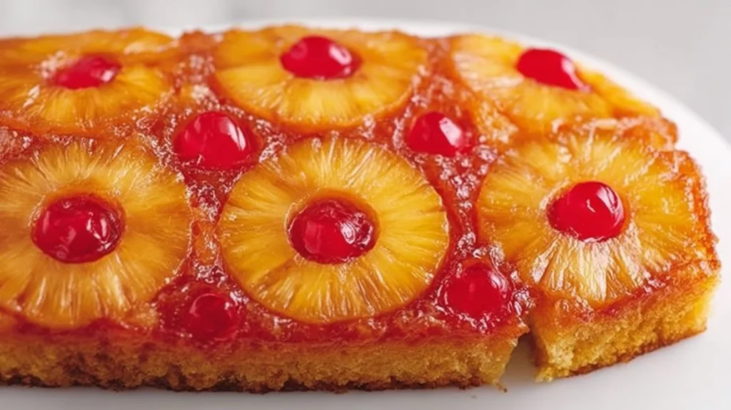 Delicious slice of Pineapple Upside Down Cake topped with cherries and caramelized pineapple.