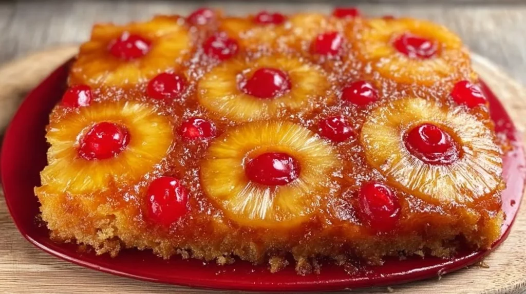 Delicious pineapple upside down cake with caramelized pineapple topping.