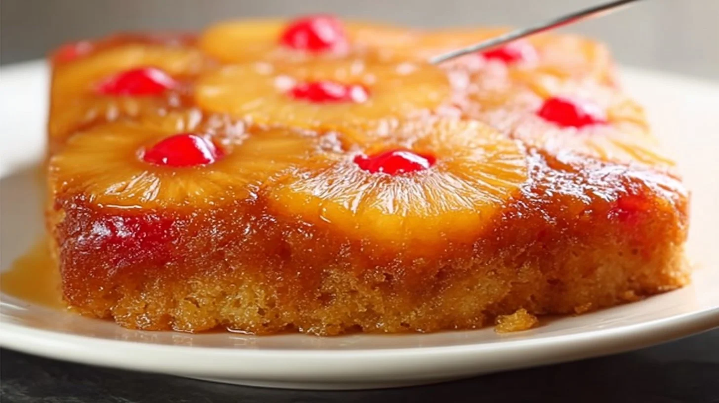 Delicious Pineapple Upside Down Cake topped with caramelized pineapples and cherries