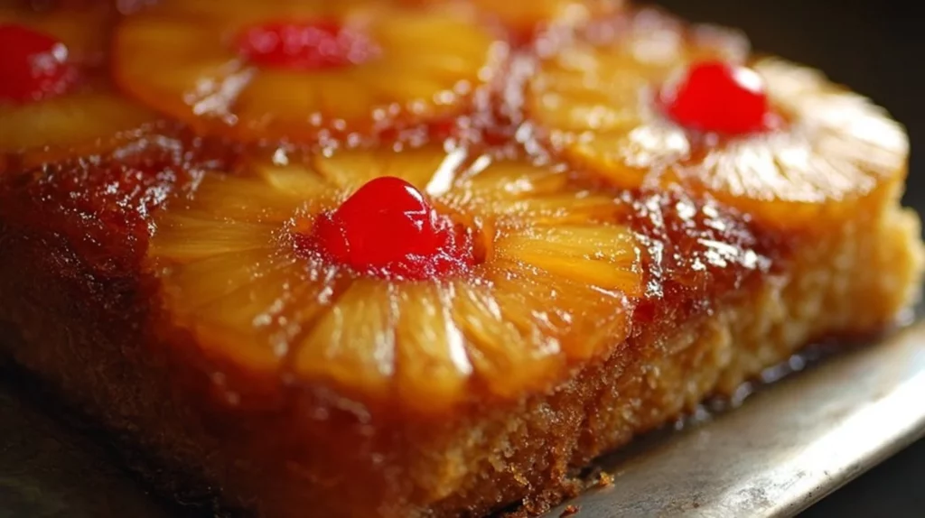 Moist and delicious Pineapple Upside Down Cake topped with caramelized pineapple slices