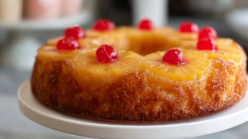 Homemade Pineapple Upside Down Cake with caramelized pineapple topping