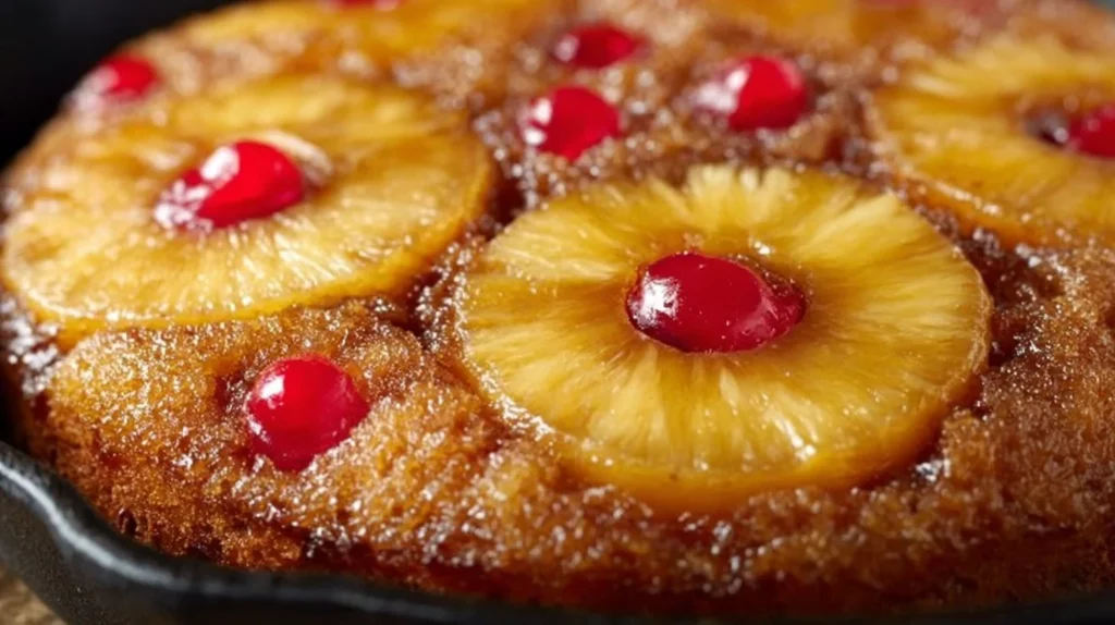 Delicious Pineapple Upside Down Cake with caramelized pineapple slices on top.