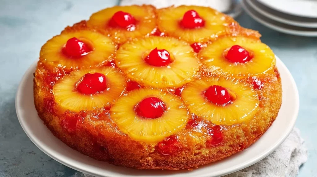 Delicious homemade Pineapple Upside Down Cake garnished with cherries and pineapple slices.