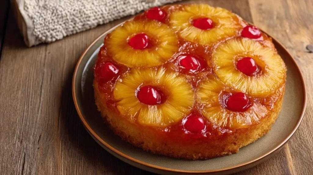 Delicious Pineapple Upside-Down Cake topped with caramelized pineapple and cherries.