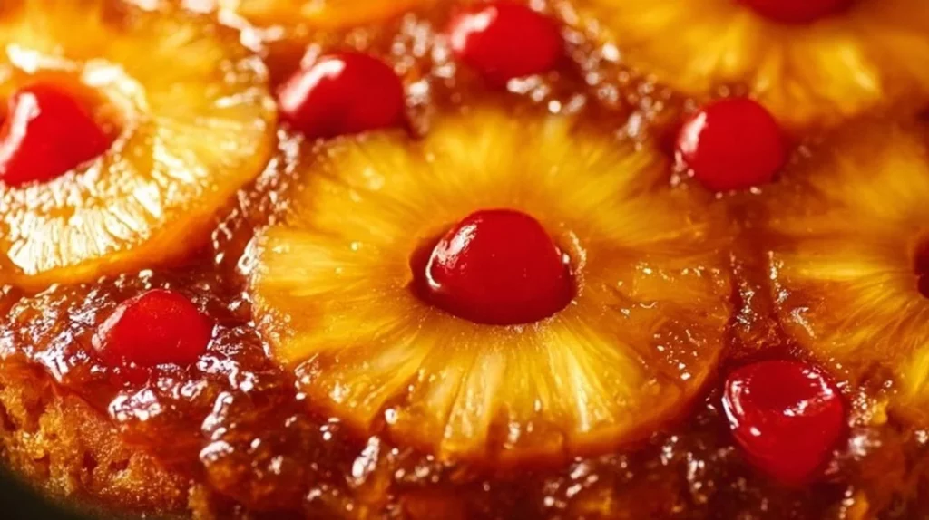 Delicious Pineapple Upside Down Cake with caramelized pineapple slices on top