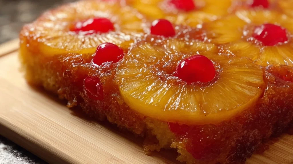 Deliciously baked Pineapple Upside Down Cake with caramelized pineapple and cherries