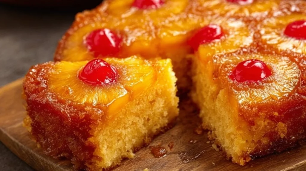 Delicious Pineapple Upside Down Cake made with cake mix, topped with caramelized pineapple.