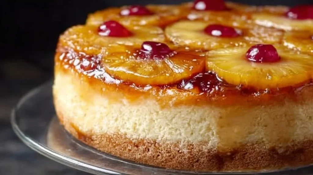 Delicious Pineapple Upside Down Cheesecake showing layers of pineapple and cheesecake.