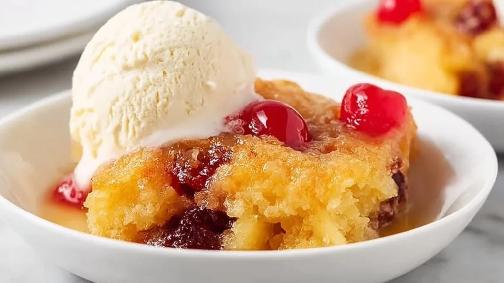 Delicious Pineapple Upside Down Dump Cake topped with caramelized pineapples