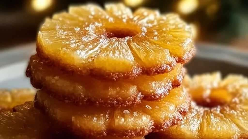 Pineapple upside down sugar cookies stacked on a plate