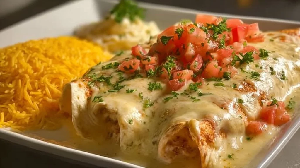 Creamy queso chicken enchiladas topped with melted cheese and garnished with cilantro