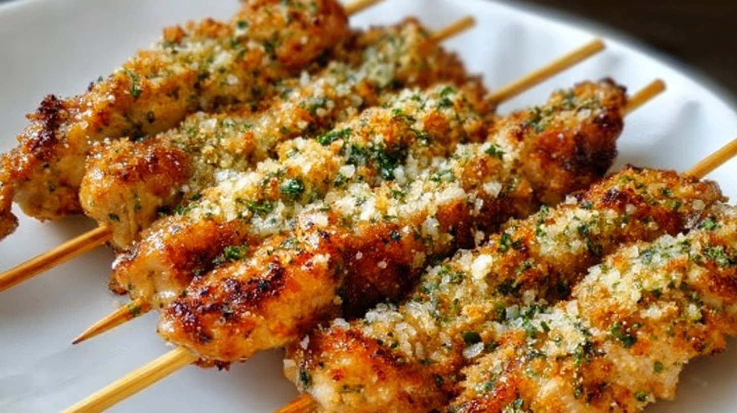 Ranch Garlic Parmesan Chicken Skewers ready for grilling.