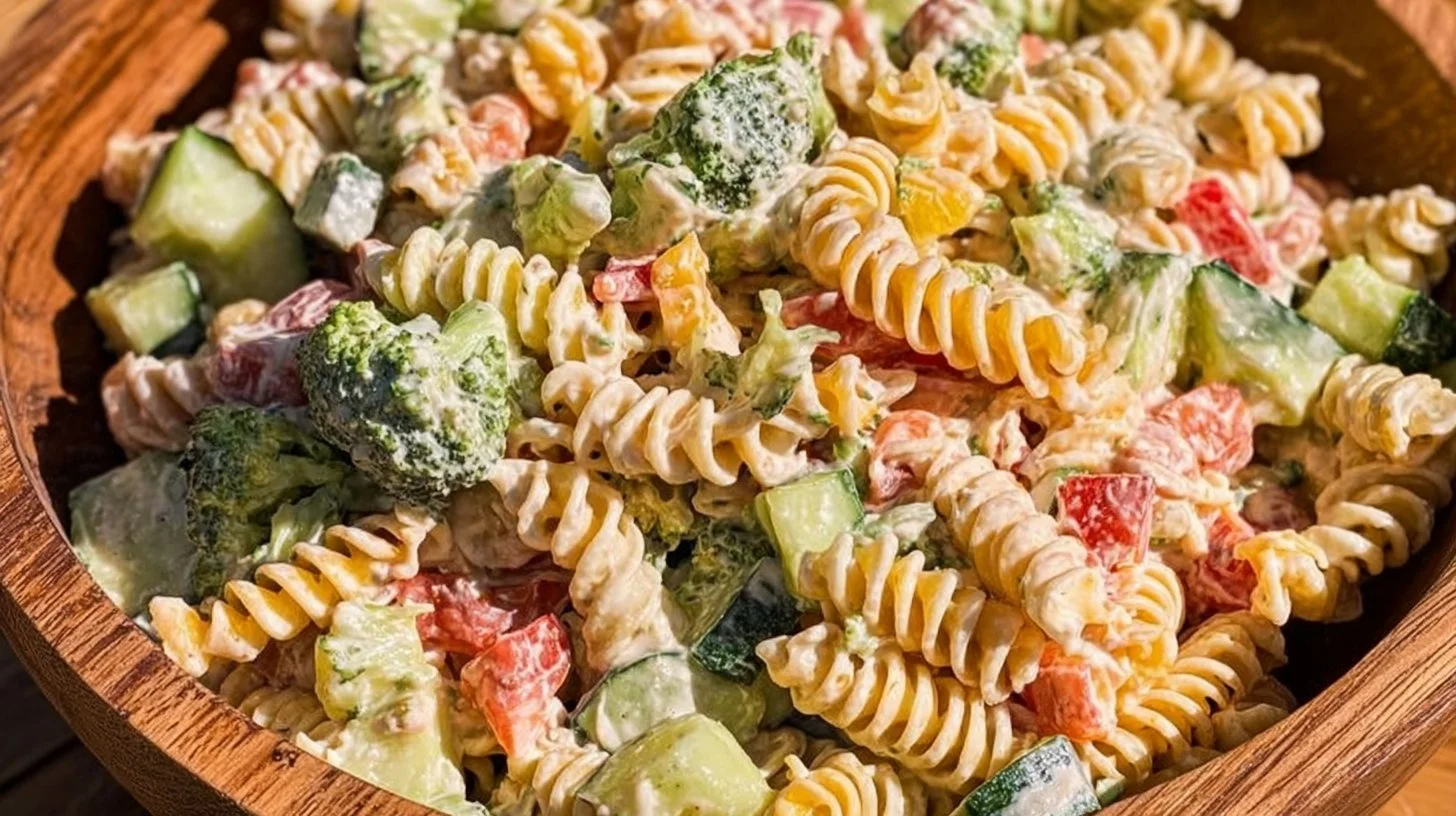 Bowl of colorful Ranch Pasta Salad with fresh vegetables and dressing