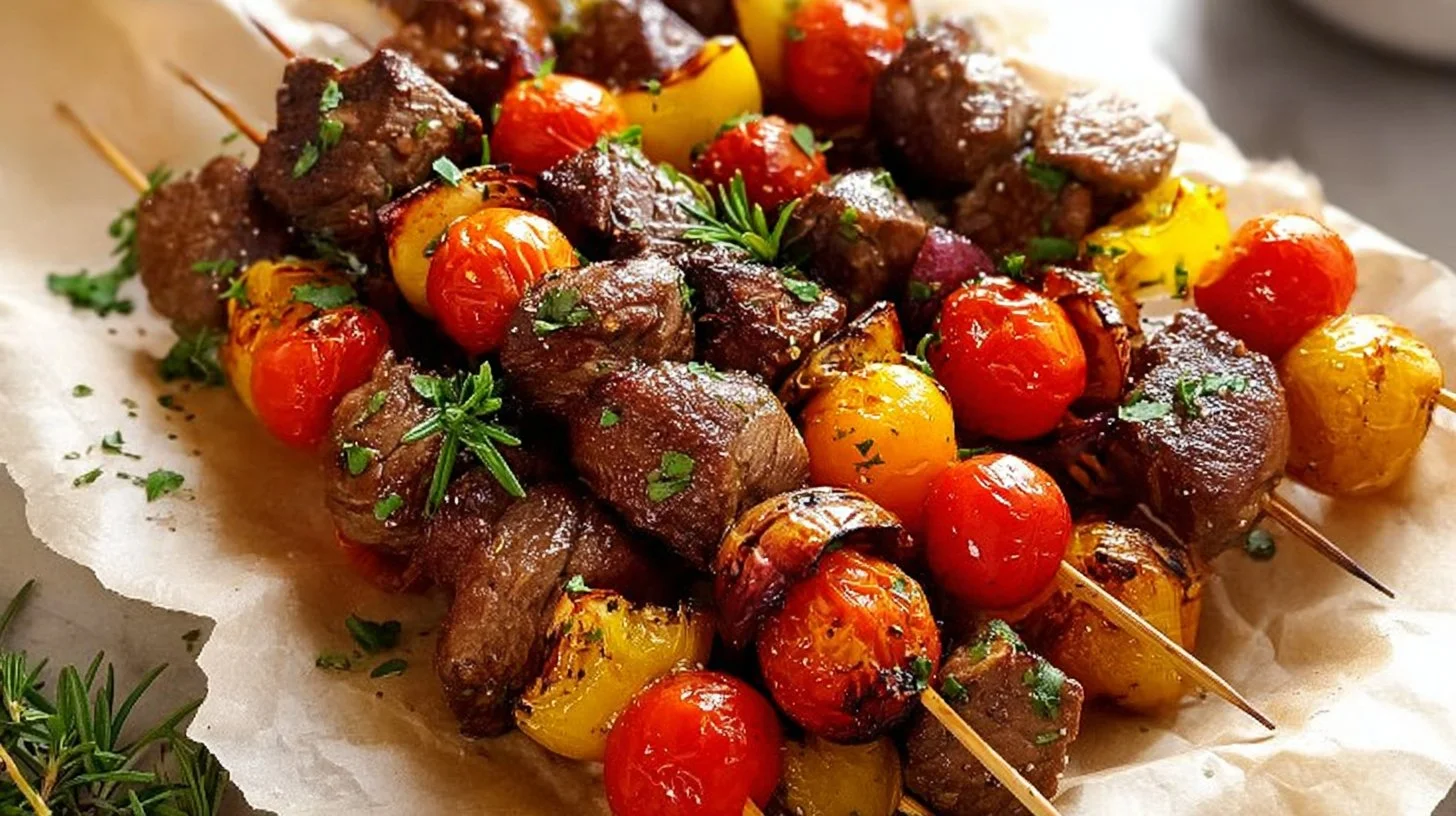Rosemary garlic steak kebabs on a grill, garnished and ready to serve.