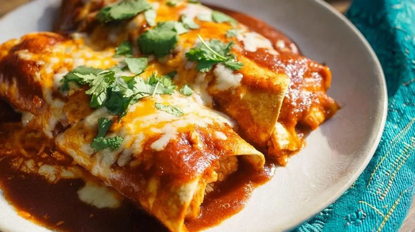Delicious rotisserie chicken enchiladas served with toppings
