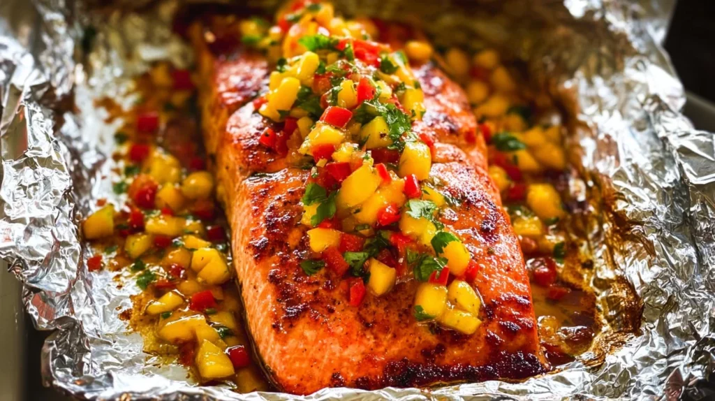 Grilled salmon topped with fresh mango salsa on a plate.