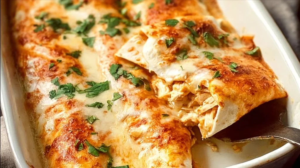 Delicious shredded chicken enchiladas topped with cheese and fresh ingredients
