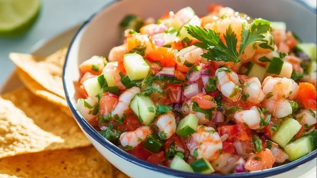 Fresh shrimp ceviche served with lime and avocado on a plate