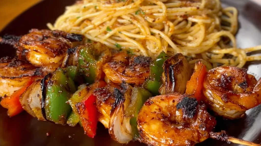 Grilled shrimp kabobs served with vegetables on skewers