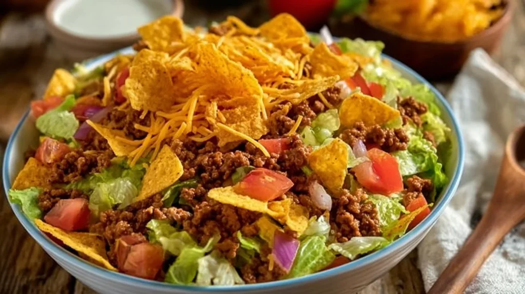 A vibrant bowl of Simple Doritos Taco Salad with fresh ingredients and crunchy Doritos.