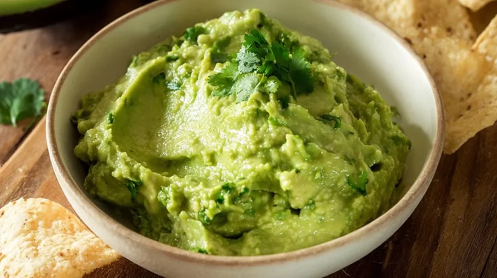 Freshly made guacamole in a bowl with tortilla chips