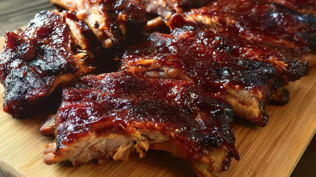 Slow cooked baby back ribs glazed with barbecue sauce.