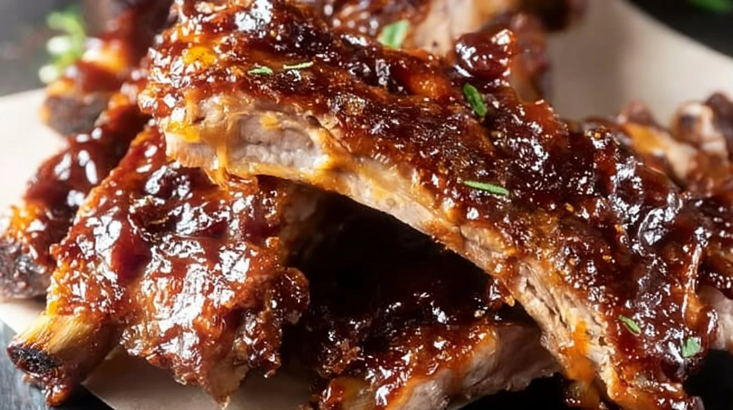 Delicious slow cooker baby back ribs served with BBQ sauce on a wooden platter.