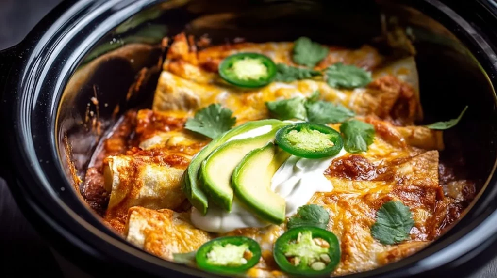 Slow Cooker Chicken Enchiladas topped with cheese and salsa in a serving dish.