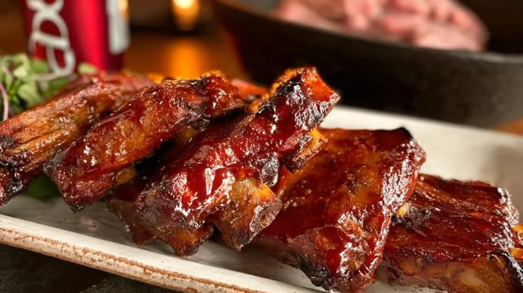 Delicious slow cooker Dr. Pepper BBQ ribs served on a platter