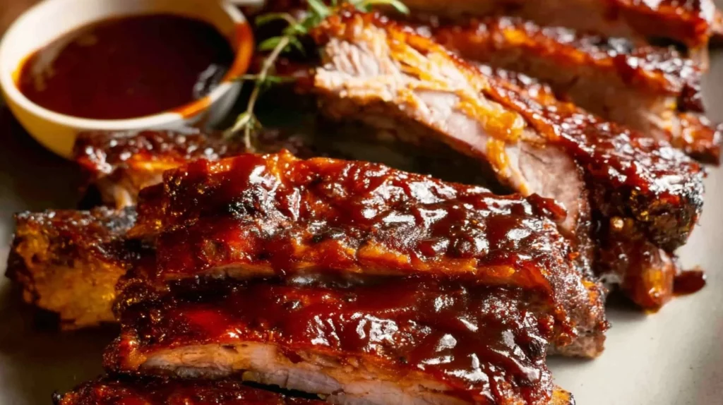 Delicious slow cooker ribs served with barbecue sauce on a plate