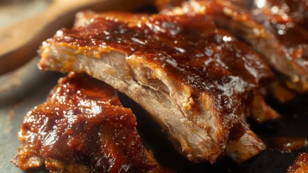 Delicious slow cooker ribs served on a plate with sauce and garnishes.