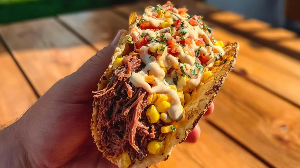 Delicious smoked BBQ beef tacos served with fresh toppings and a side of salsa.