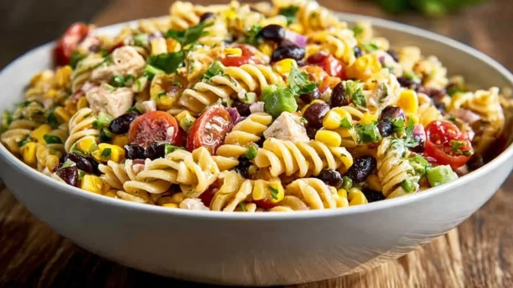 Southwestern Pasta Salad with colorful vegetables and dressing