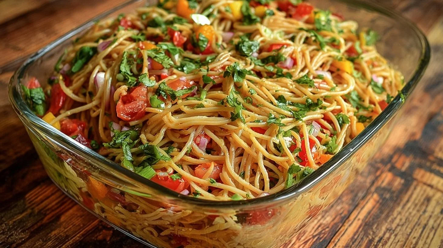 Colorful bowl of spaghetti pasta salad with fresh vegetables and dressing