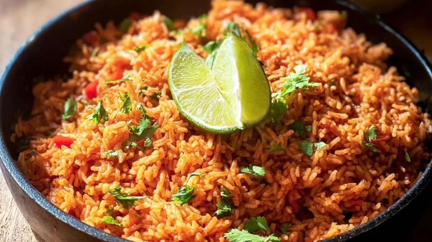 A bowl of delicious Spanish Rice served with vegetables and spices
