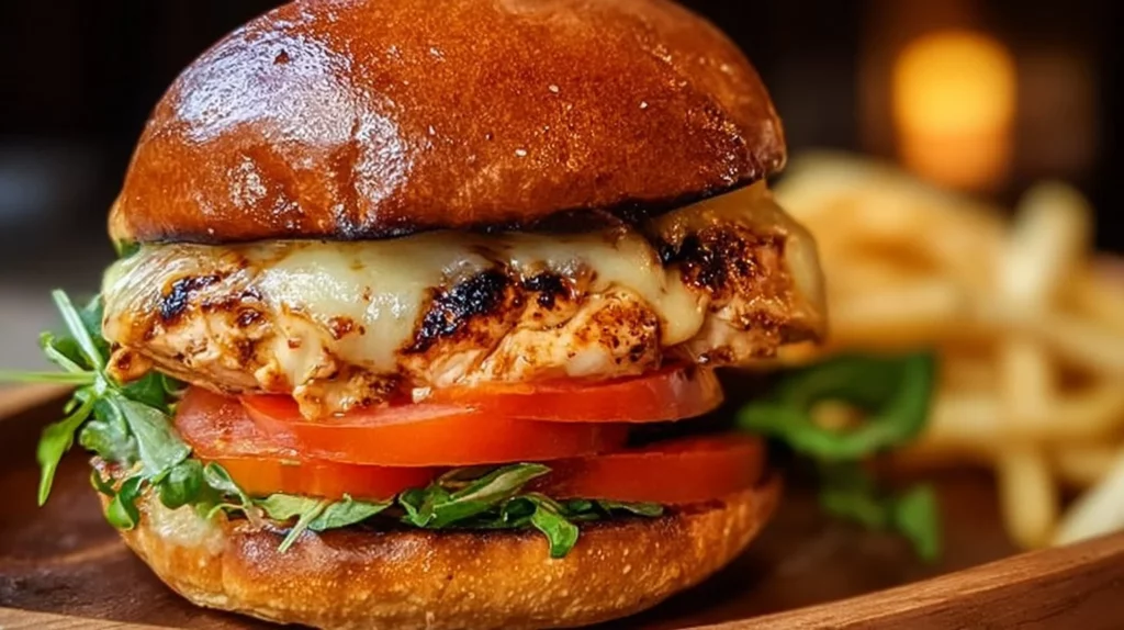 Delicious Spicy Chipotle Chicken Burger topped with fresh ingredients.
