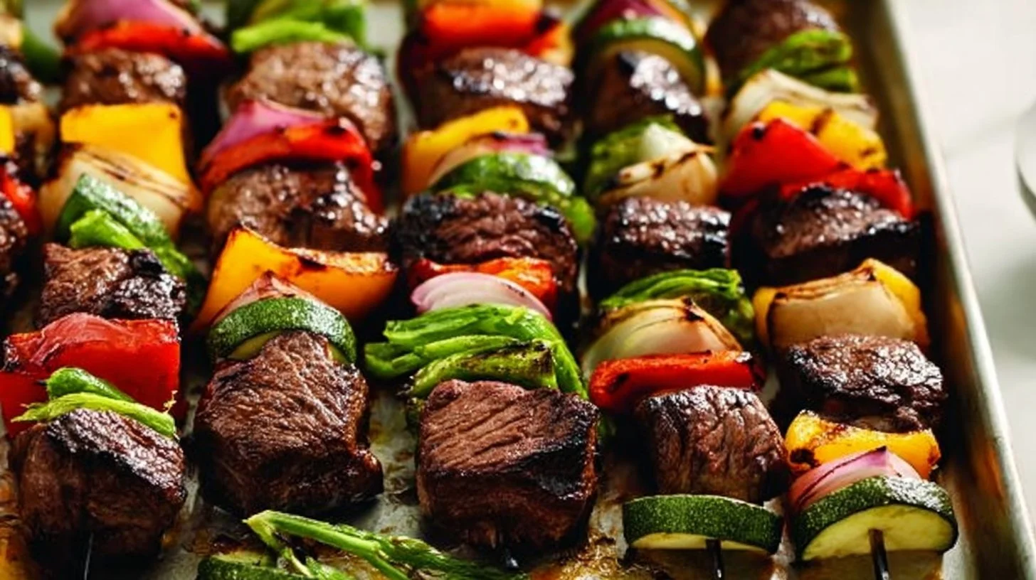 Grilled steak kabobs with colorful vegetables on skewers