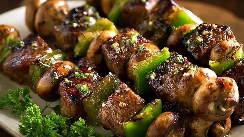 Delicious steak kabobs prepared with colorful vegetables and grilled to perfection.