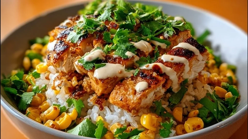 Delicious street corn chicken rice bowl with grilled chicken and vibrant toppings