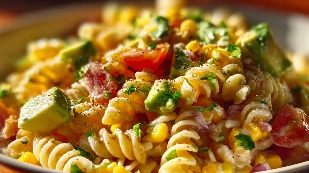 Delicious street corn pasta salad with colorful vegetables and dressing